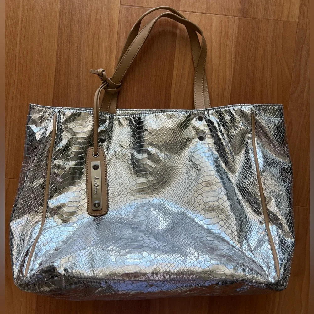 Sam Edelman Metallic Snake Print Tote Bag Silver Large Shoulder Bag - Picture 2 of 16
